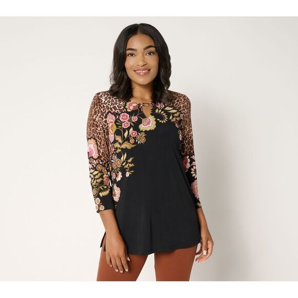 Susan Graver Tops - Susan Graver Women's Top Sz XL Printed Liquid Knit Keyhole Trim Pink A544657